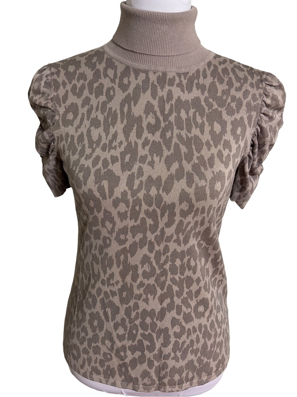 Style & Co. Taupe Leopard Print Turtleneck Short Sleeve Top